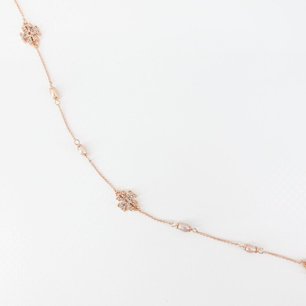 Tory Burch Gemstones and Pearl Necklace Rose Gold OS - Picture 2 of 12